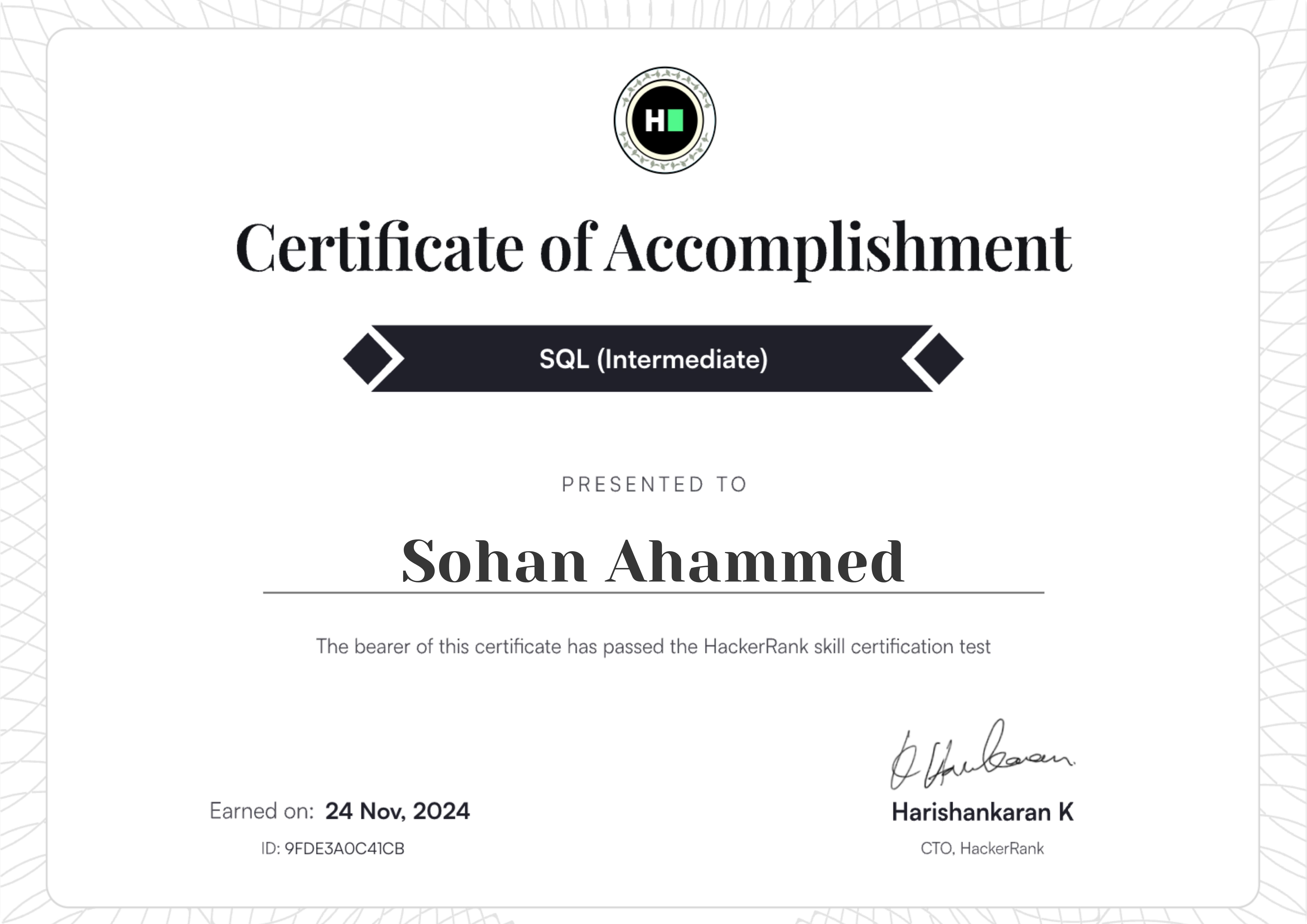 HackerRank — SQL (Intermediate) Certificate
