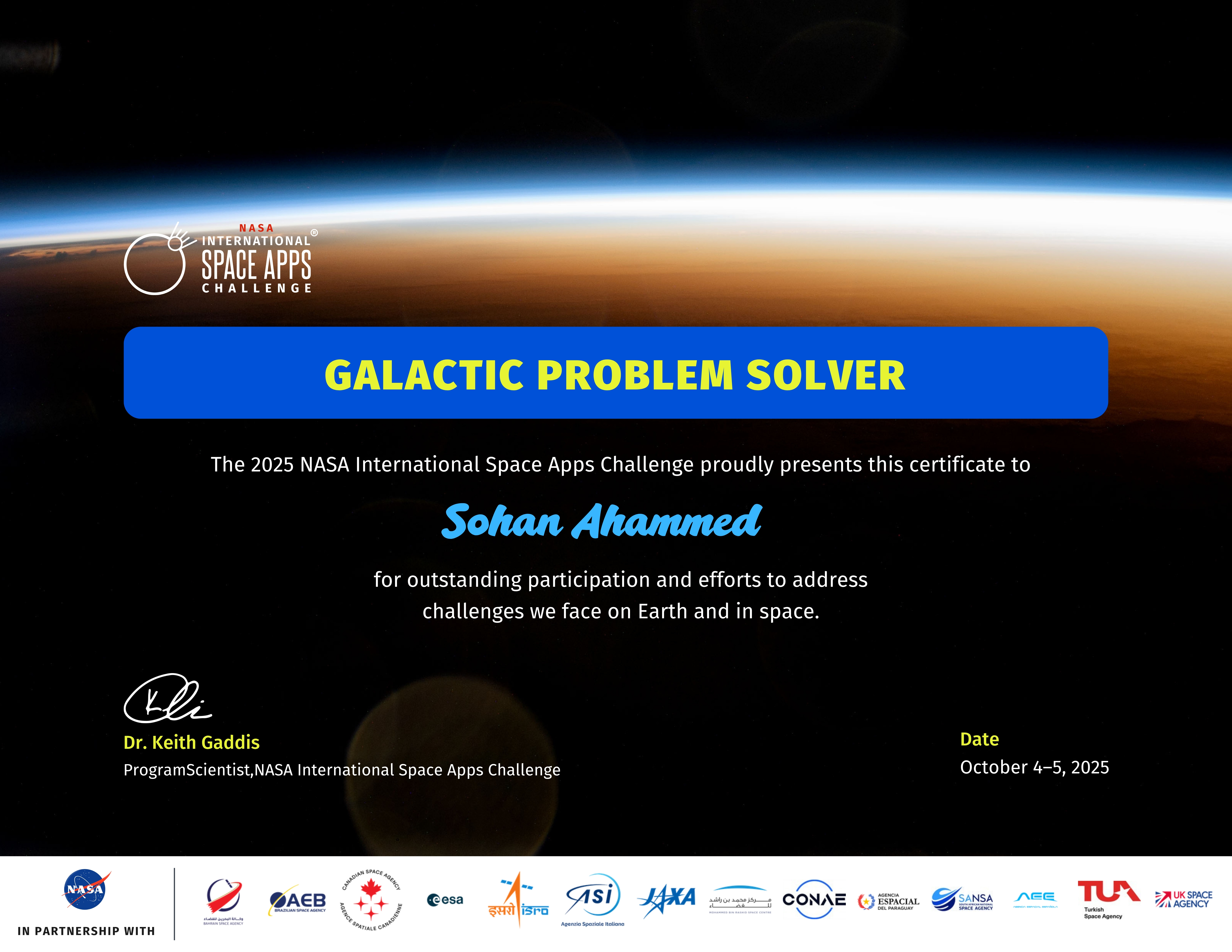 NASA — Space Apps Challenge 2025 Certificate